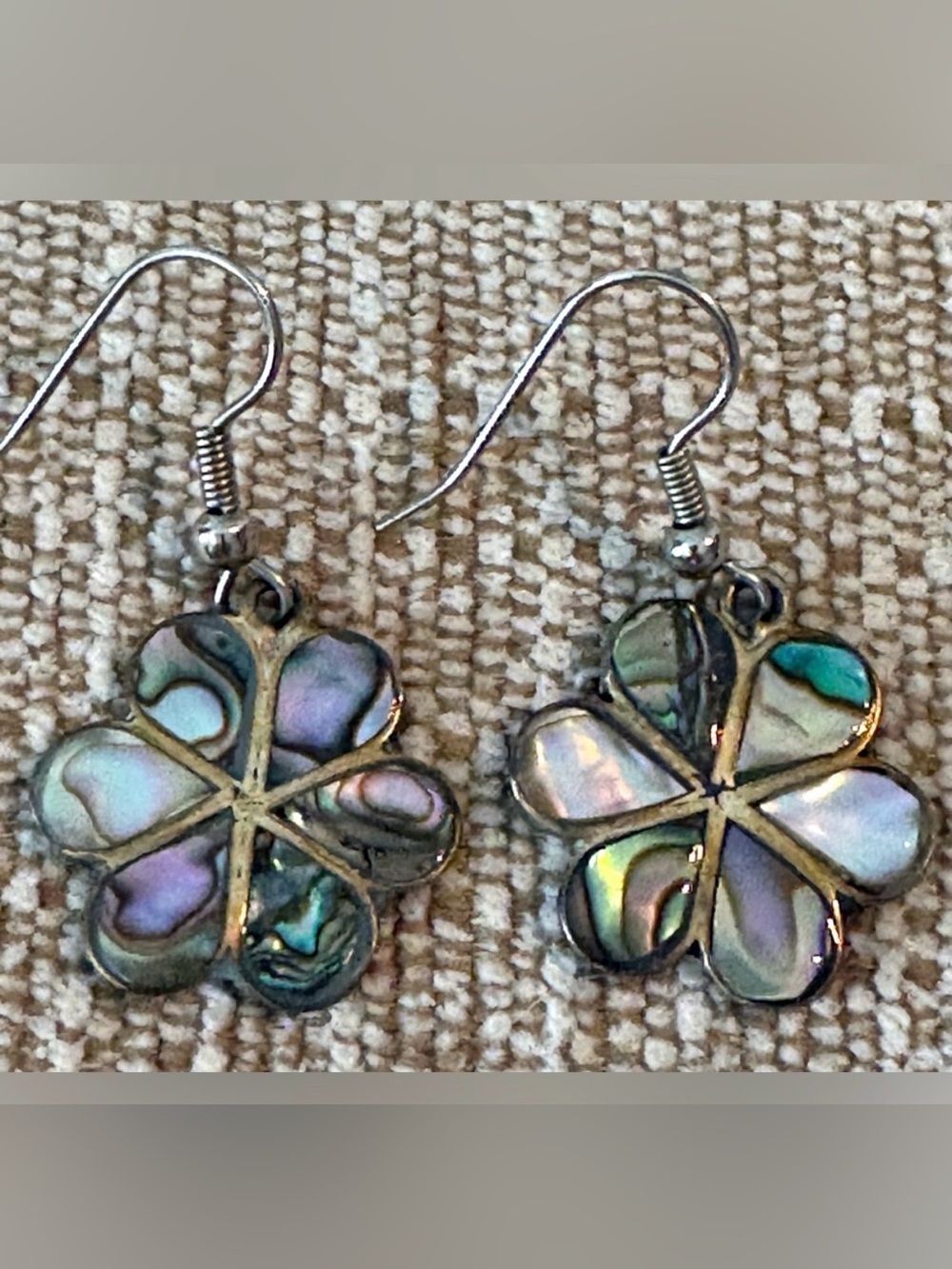 Handmade Abalone Inlay Floral Dangle Hook Silver Earrings